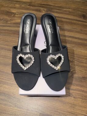 TOP Moda Black Slide Mules with Crystal Heart Accent